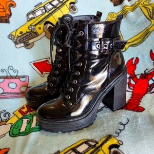 Patten leather high heel boots